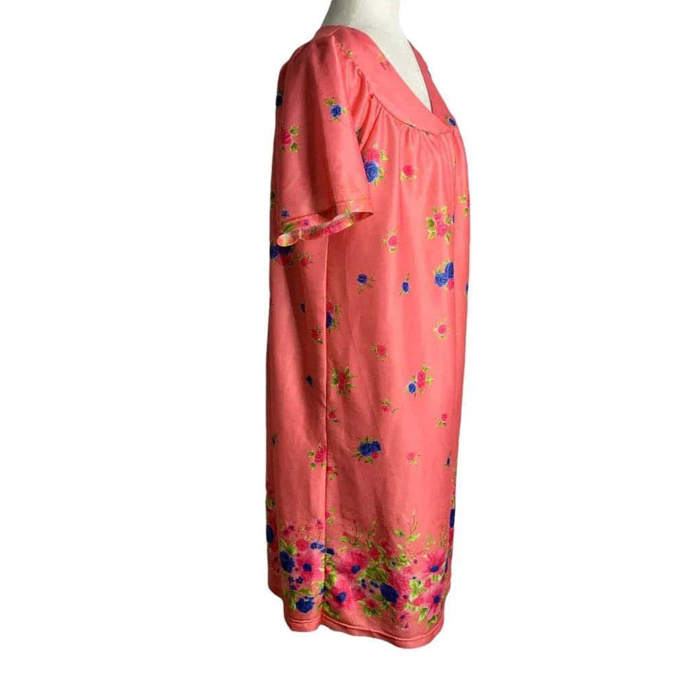 Vintage Lati Fashion MuuMuu House Dress XL Pink Floral V Neck Short Sleeve - Picture 3 of 7